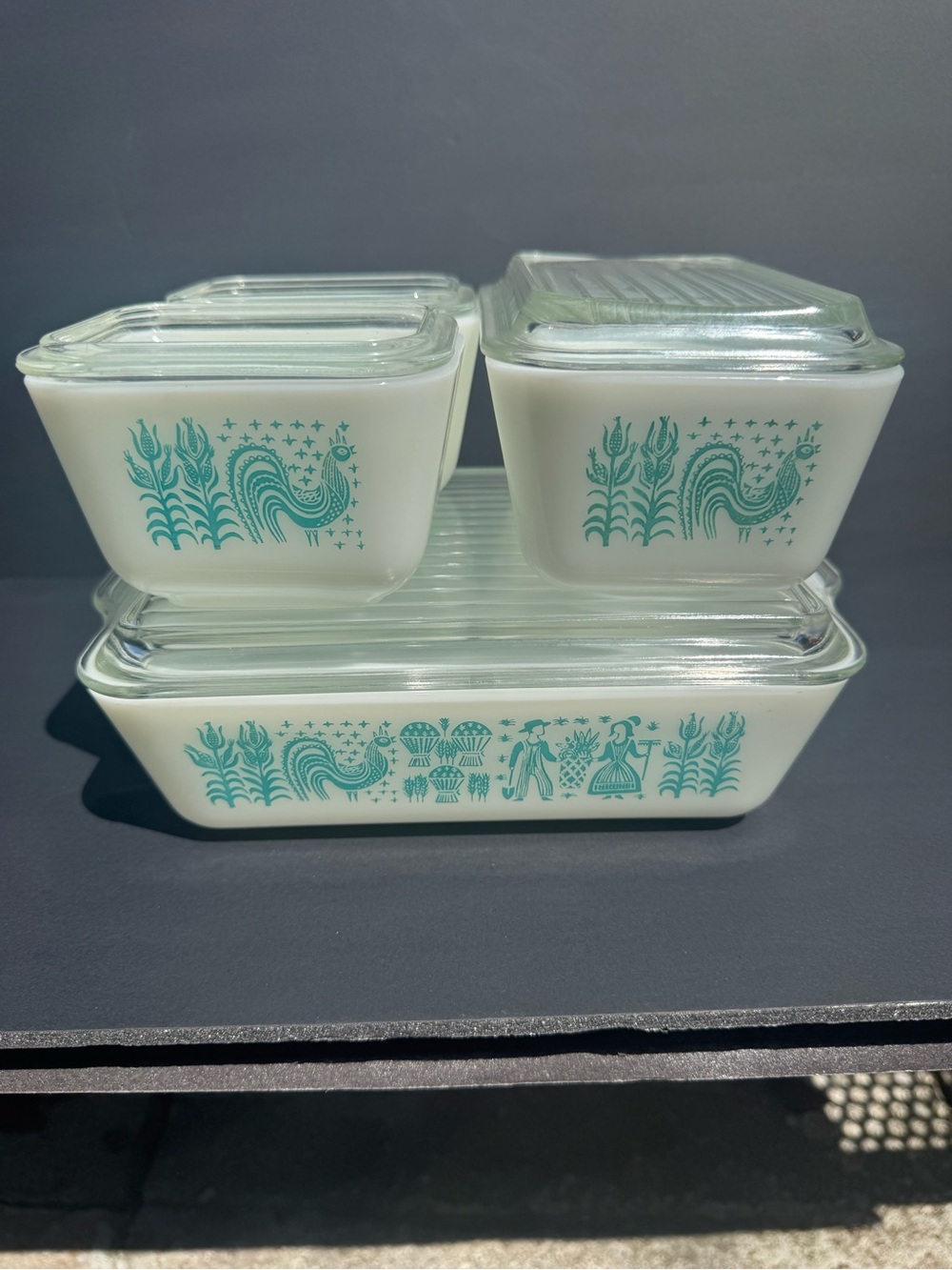 Pyrex Turquoise Amish Butterprint Milk Glass Refrigerator Dishes with Lids